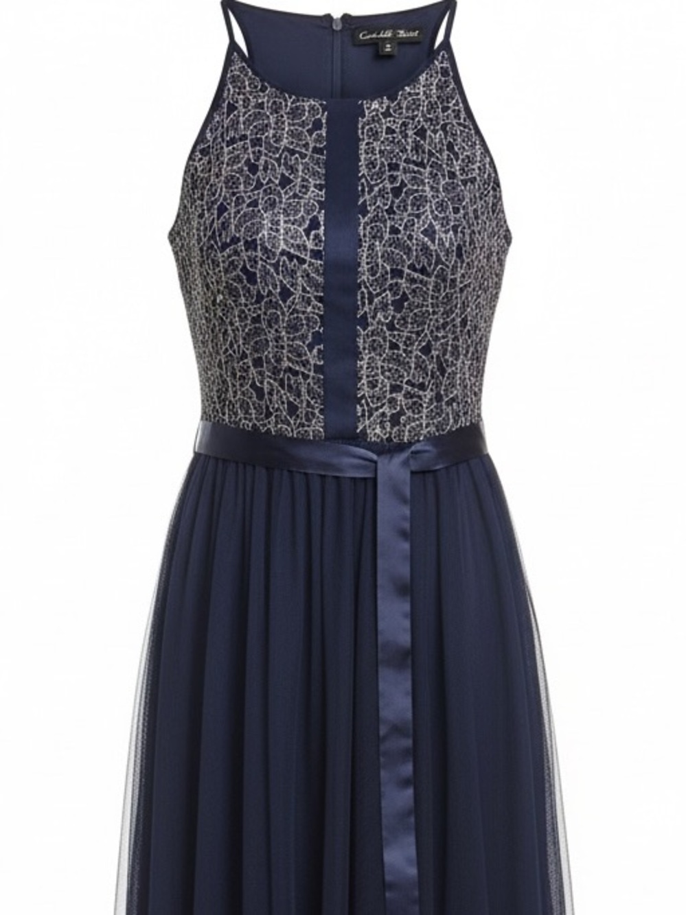 Charlotte Russe Navy Tulle Gown with Silver Lace Bodice